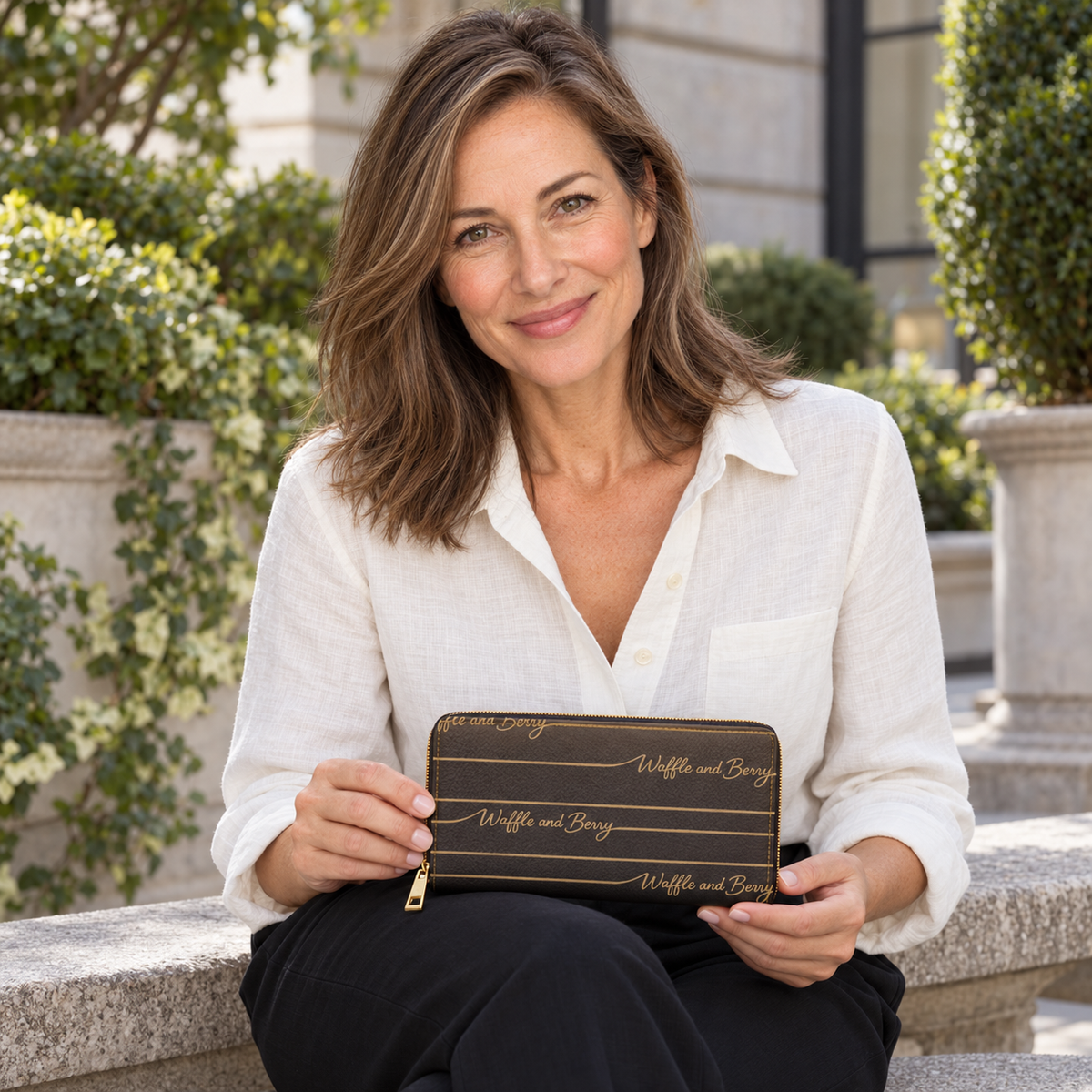 AI-generated editorial illustration of fictional model Claire with the brown and gold Tan Lines wallet on a courtyard bench.