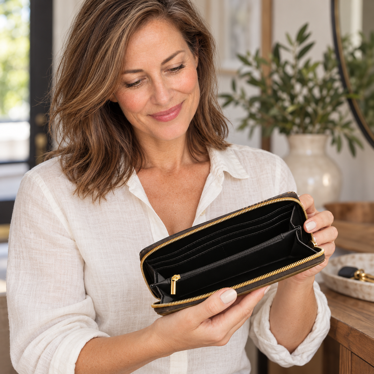 AI-generated editorial illustration of fictional model Claire holding the Tan Lines wallet open to show its black interior; based on the supplier reference.