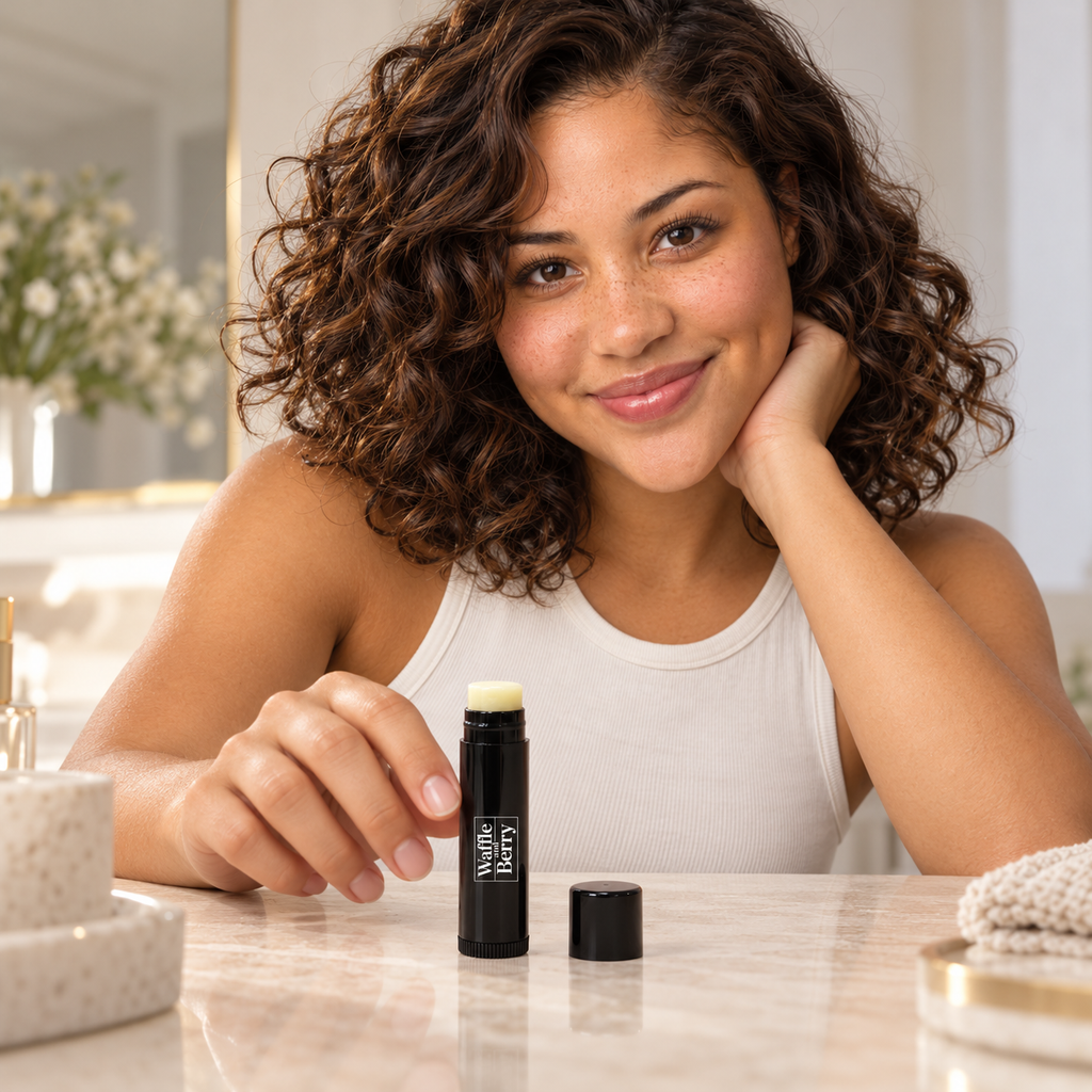 AI-generated editorial illustration of fictional model Malia with Vegan Lip Balm at a vanity; scene props not included.