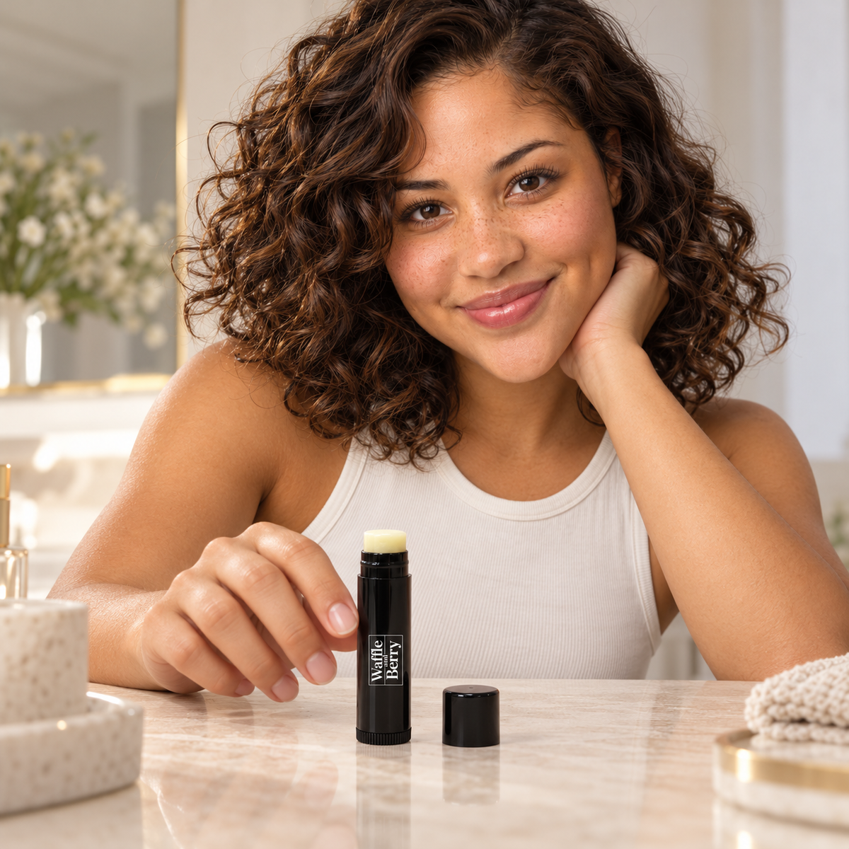 AI-generated editorial illustration of fictional model Malia with Vegan Lip Balm at a vanity; scene props not included.