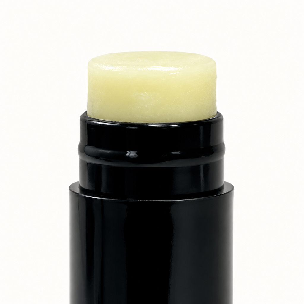 AI-assisted close-up product illustration of Vegan Lip Balm tip and upper tube, based on supplier reference.