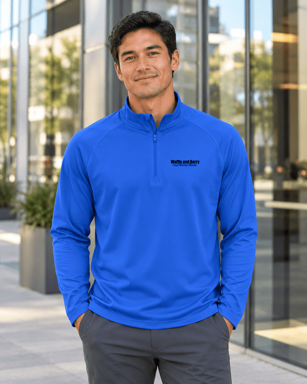 AI styling illustration: men's Sport-Tek ST850 quarter-zip in true royal blue, on a model, blue setting.