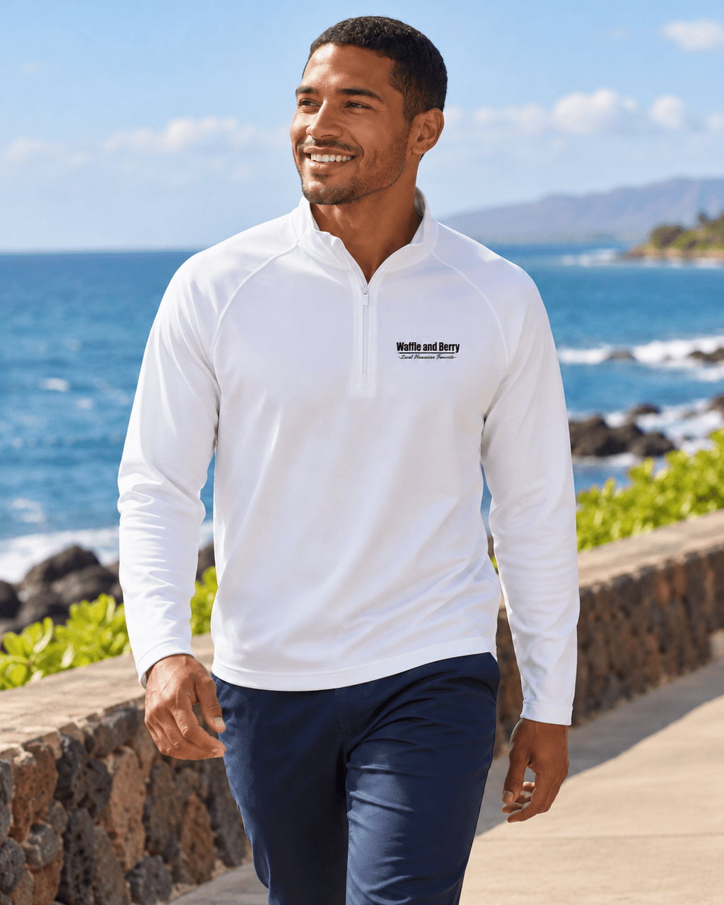 AI styling illustration: men's Sport-Tek ST850 quarter-zip in white, on a model, coast setting.