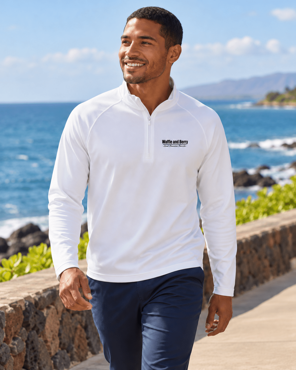 AI styling illustration: men's Sport-Tek ST850 quarter-zip in white, on a model, coast setting.