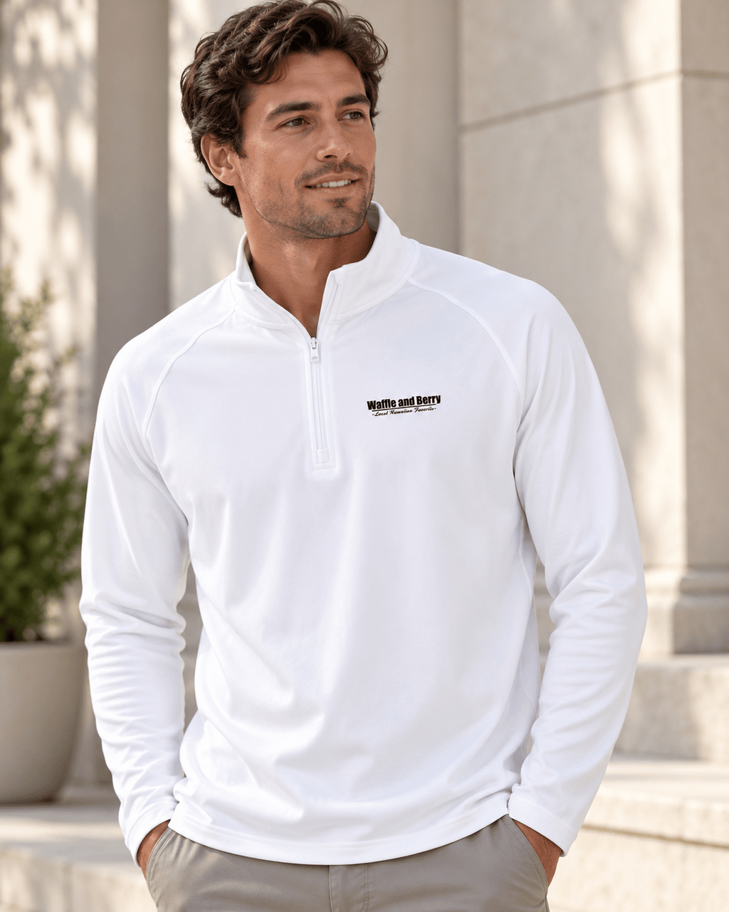 AI styling illustration: men's Sport-Tek ST850 quarter-zip in white, on a model, detail setting.