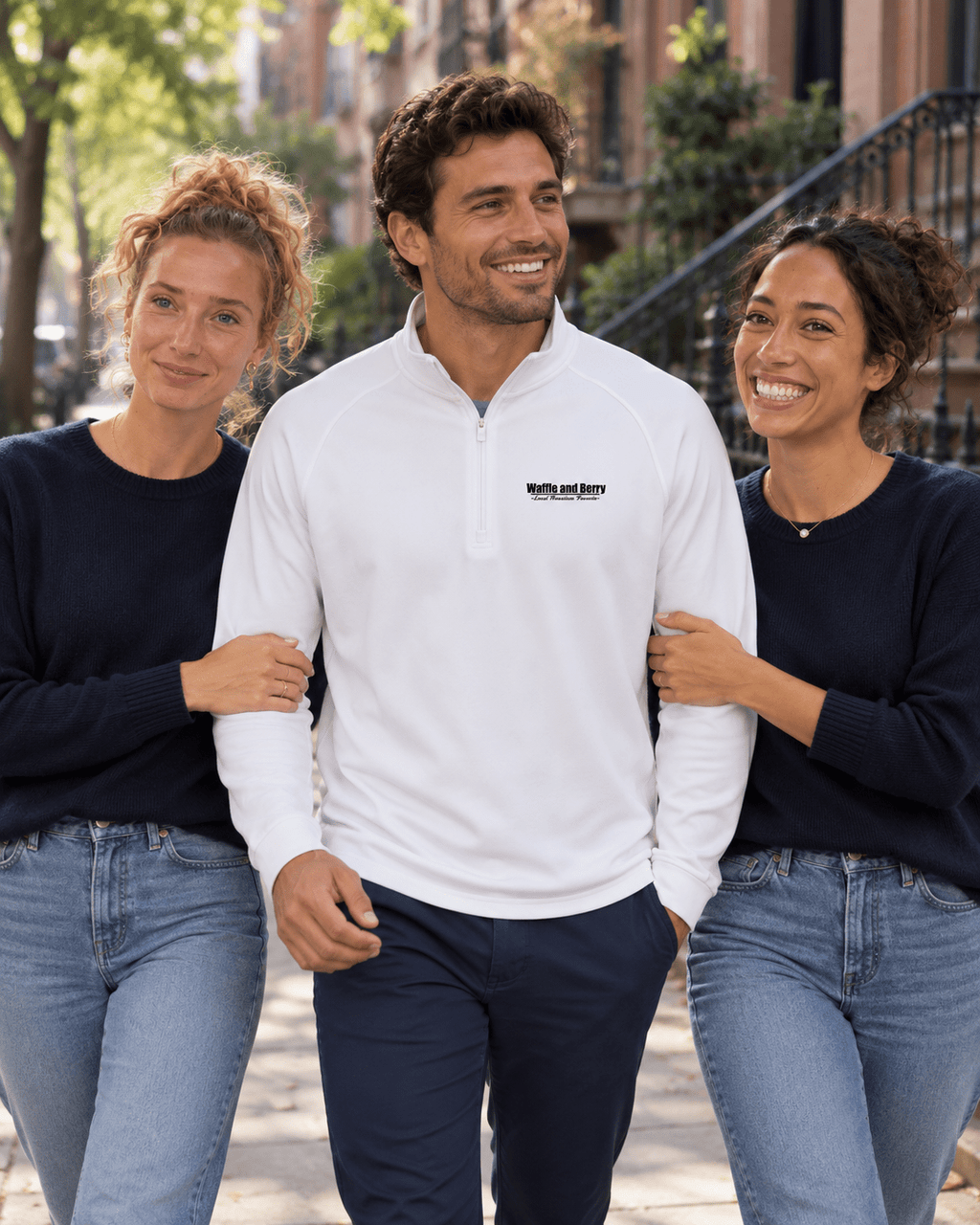 AI styling illustration: men's Sport-Tek ST850 quarter-zip in white, modeled beside the two sisters, nyc setting.
