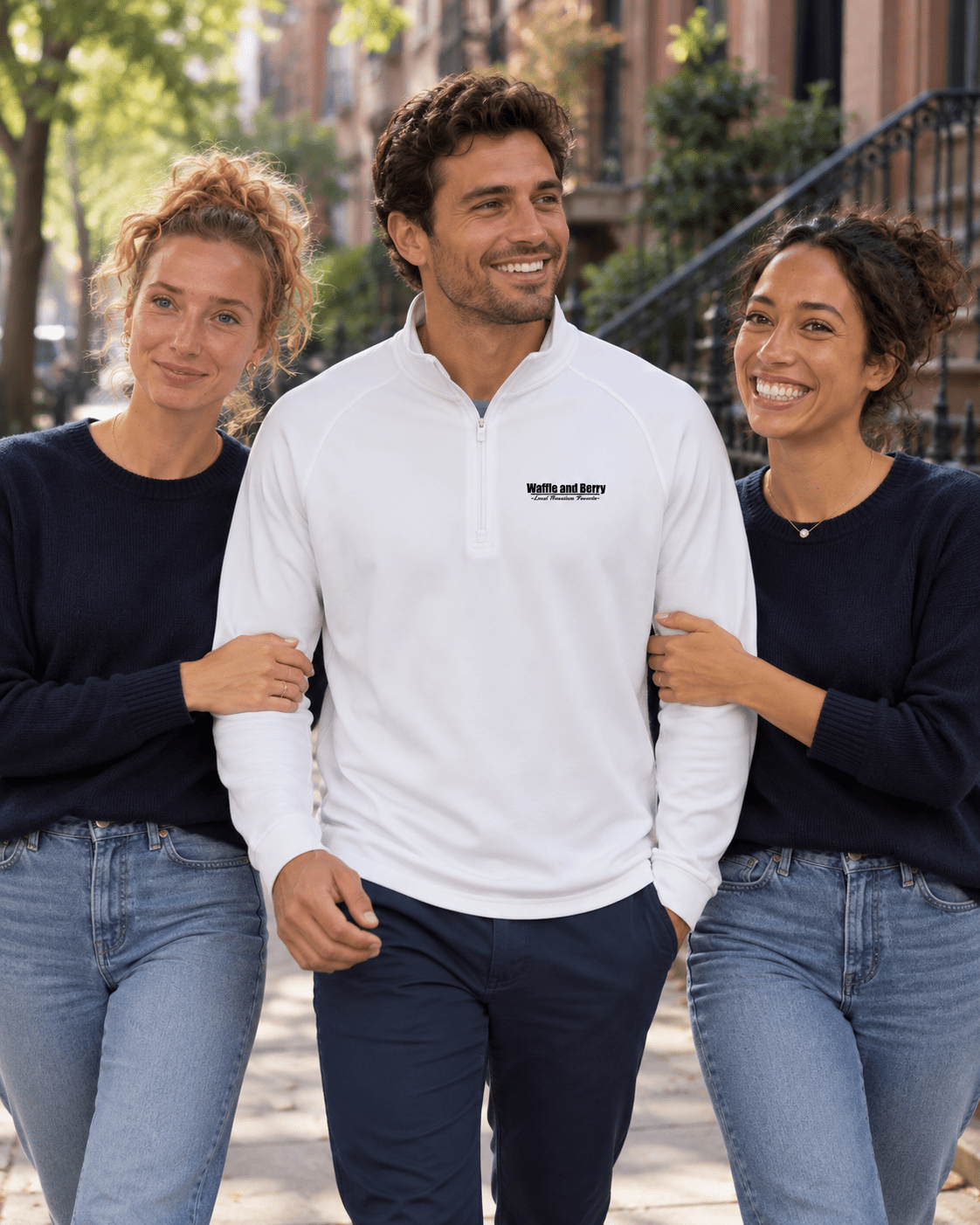 AI styling illustration: men's Sport-Tek ST850 quarter-zip in white, modeled beside the two sisters, nyc setting.