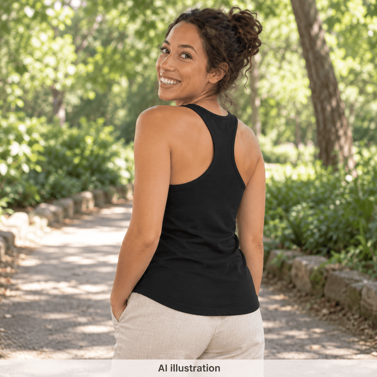 AI illustration: adult brunette sister modeling the black Paisley Racerback Tank, blank back and racerback cut on a park path.