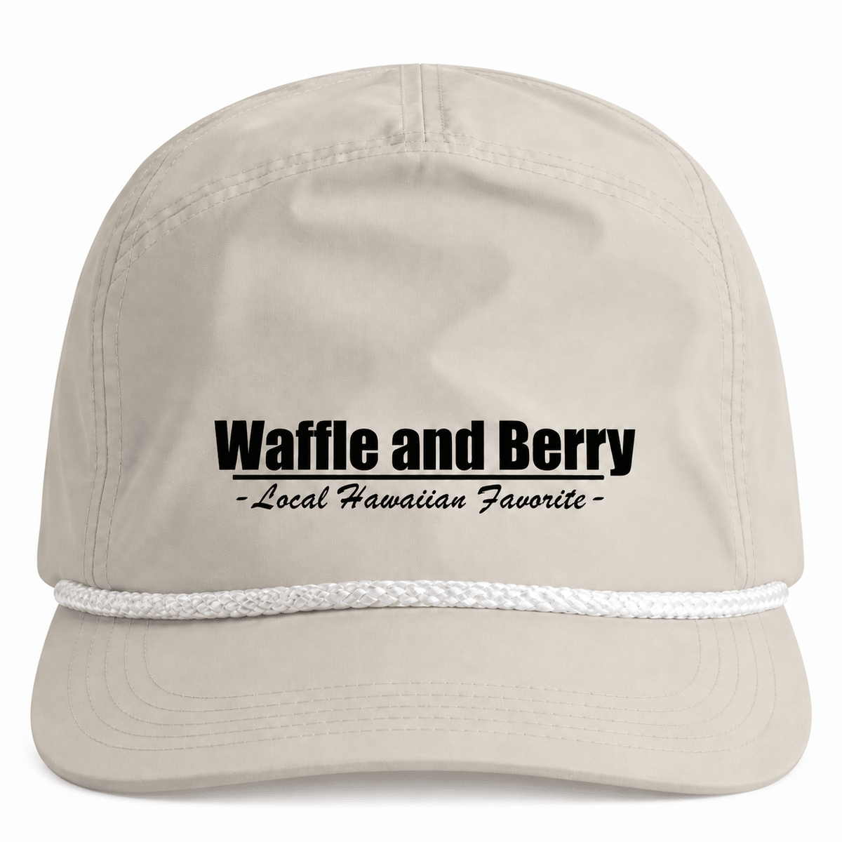 Front detail of cream Waffle and Berry rope cap showing logo print, white braided rope and brim stitching