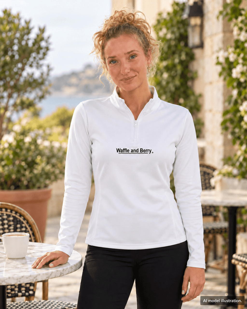 AI model illustration: blonde sister wearing the white Waffle and Berry women's quarter-zip at a cafe, front view.