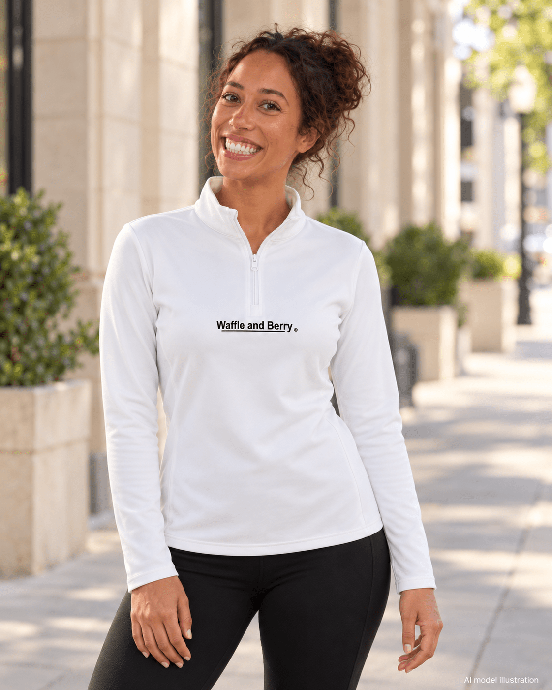 AI model illustration: brunette sister wearing the white Waffle and Berry women's quarter-zip, front view on a city sidewalk.