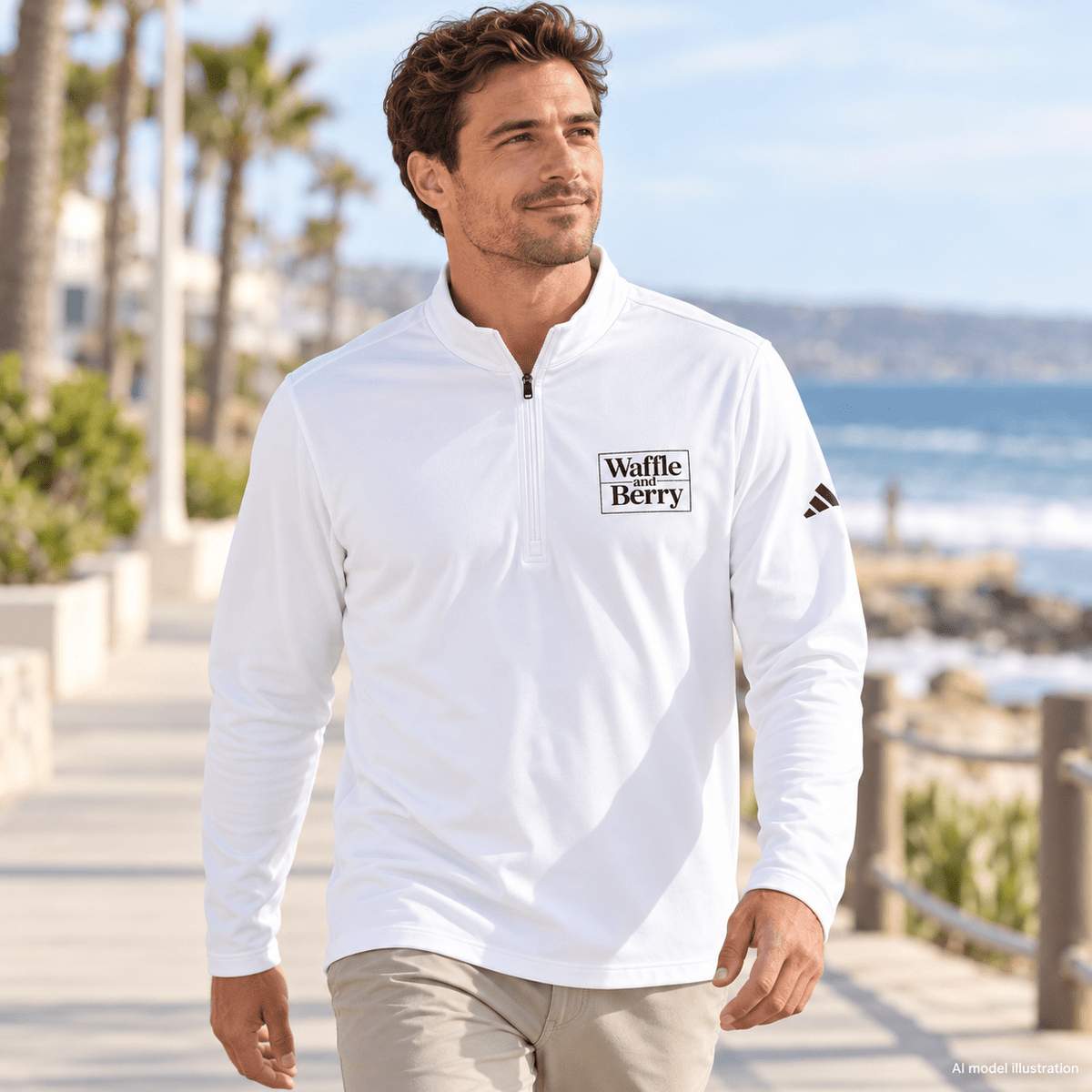 AI model illustration of white Waffle and Berry adidas quarter-zip pullover