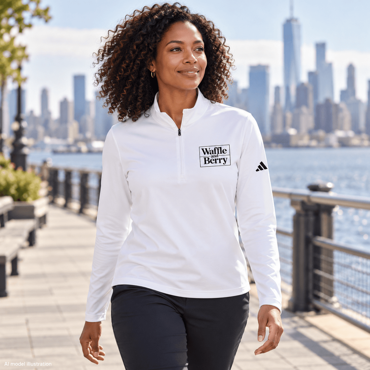 AI model illustration of white Waffle and Berry adidas quarter-zip pullover