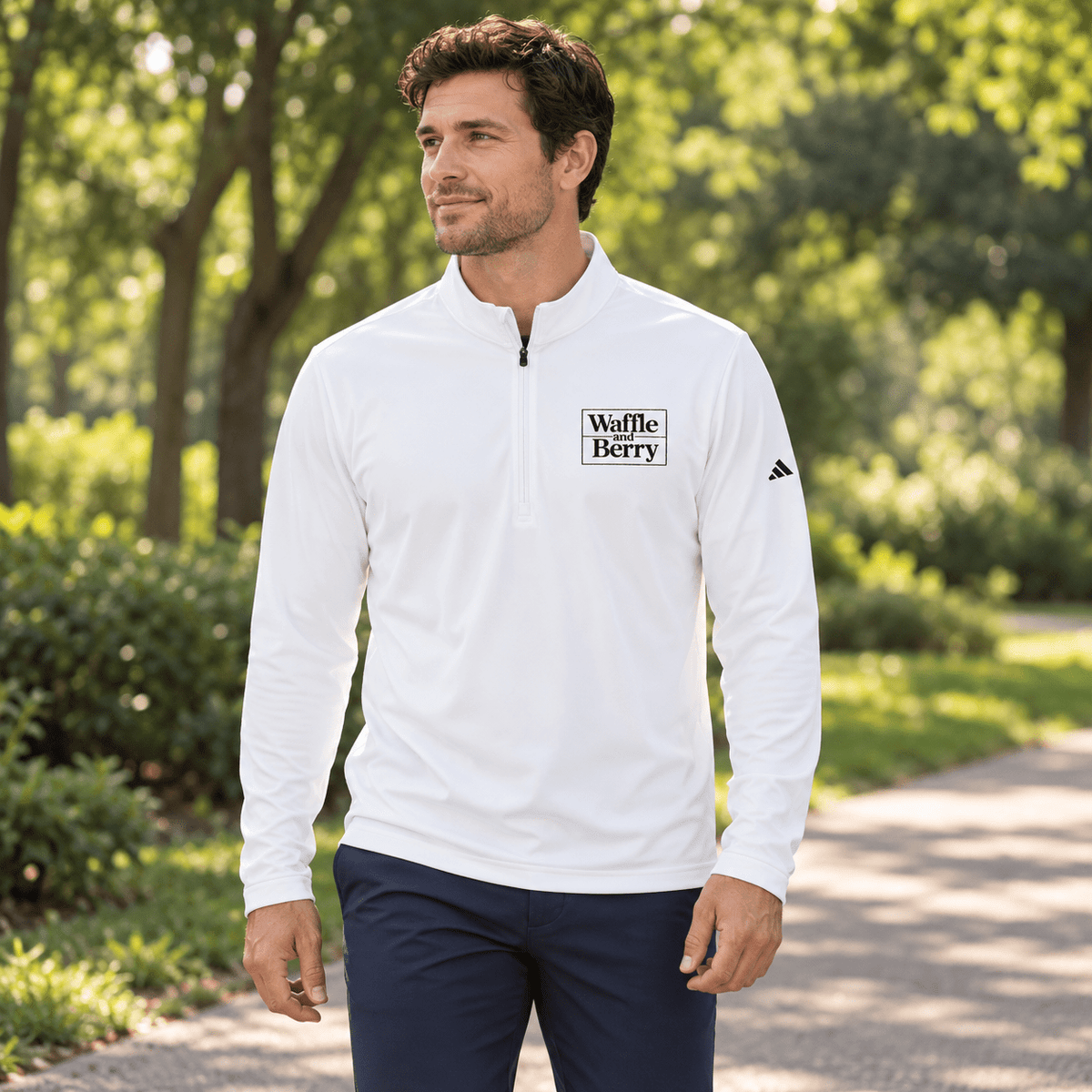 AI model illustration: man wearing white Waffle and Berry adidas quarter-zip in a park