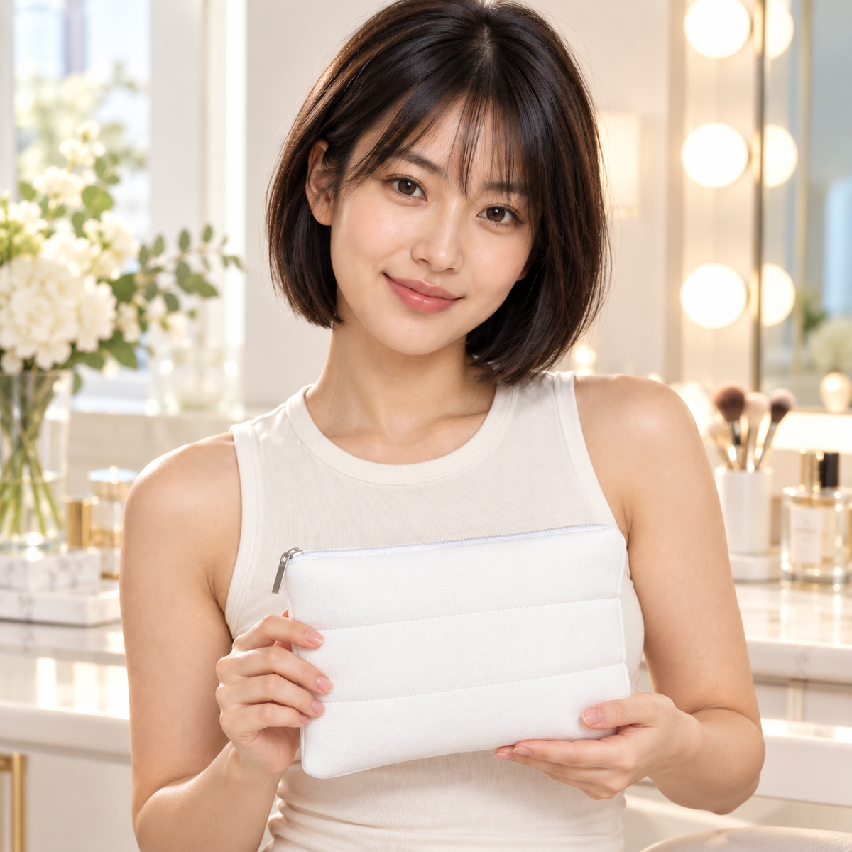 AI-generated editorial illustration of fictional model Mei with the unbranded white padded Makeup Bag, holding. Pouch has no logo. Cosmetics, luggage and other styling props are not included.