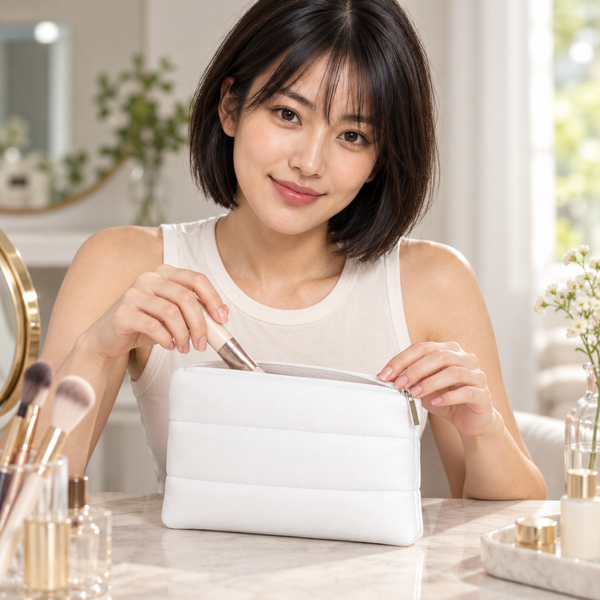 AI-generated editorial illustration of fictional model Mei with the unbranded white padded Makeup Bag, packing. Pouch has no logo. Cosmetics, luggage and other styling props are not included.