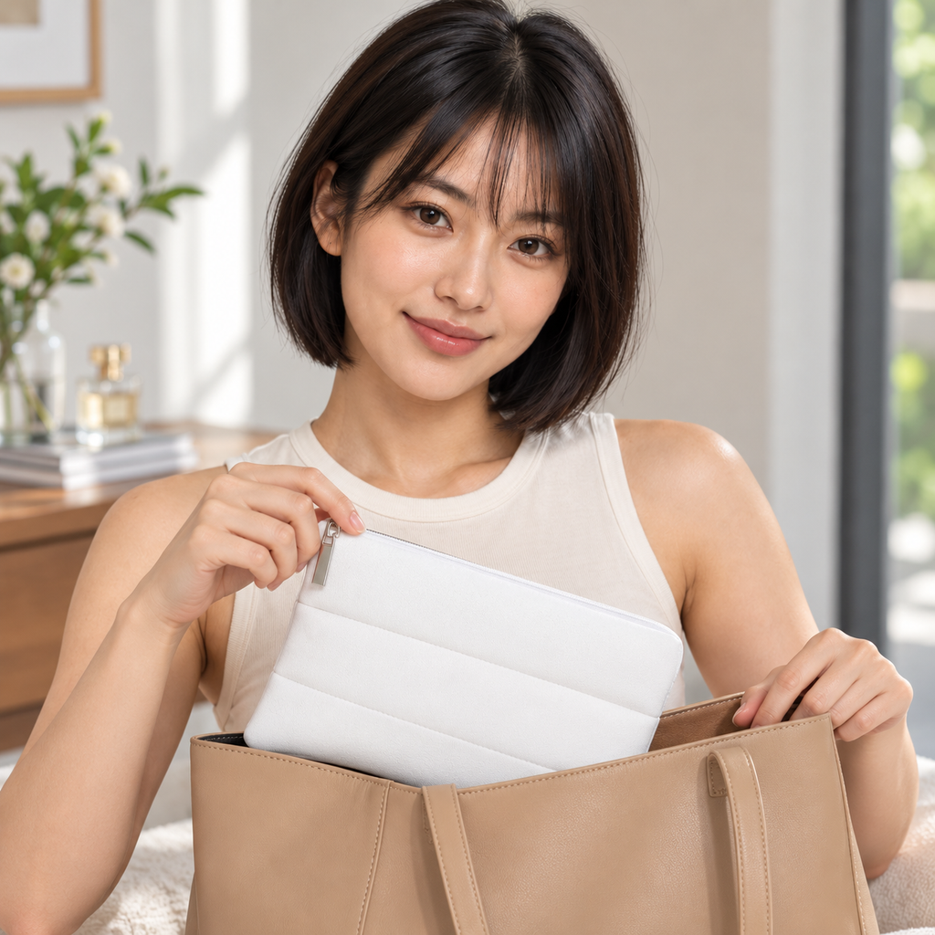 AI-generated editorial illustration of fictional model Mei with the unbranded white padded Makeup Bag, tote. Pouch has no logo. Cosmetics, luggage and other styling props are not included.