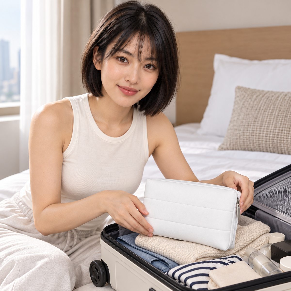 AI-generated editorial illustration of fictional model Mei with the unbranded white padded Makeup Bag, travel. Pouch has no logo. Cosmetics, luggage and other styling props are not included.