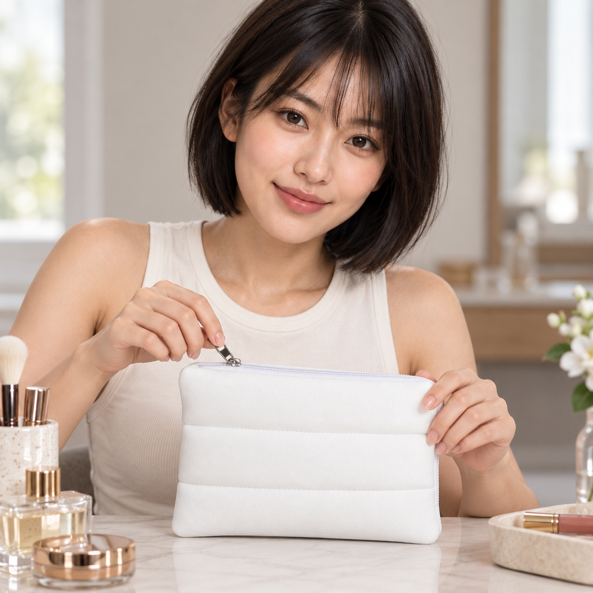 AI-generated editorial illustration of fictional model Mei with the unbranded white padded Makeup Bag, zip. Pouch has no logo. Cosmetics, luggage and other styling props are not included.