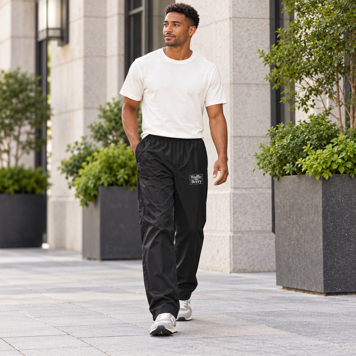 AI-generated lifestyle visualization: adult model walking beside planters in black Waffle and Berry wind pants, white logo on wearer-left front thigh. Fit and print placement illustrative; not a physical sample photograph.